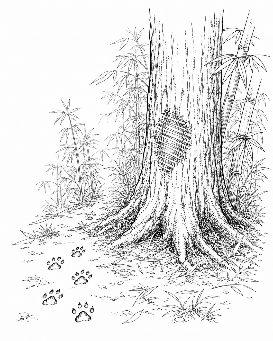 Alter Baum mit Spuren und Bambus