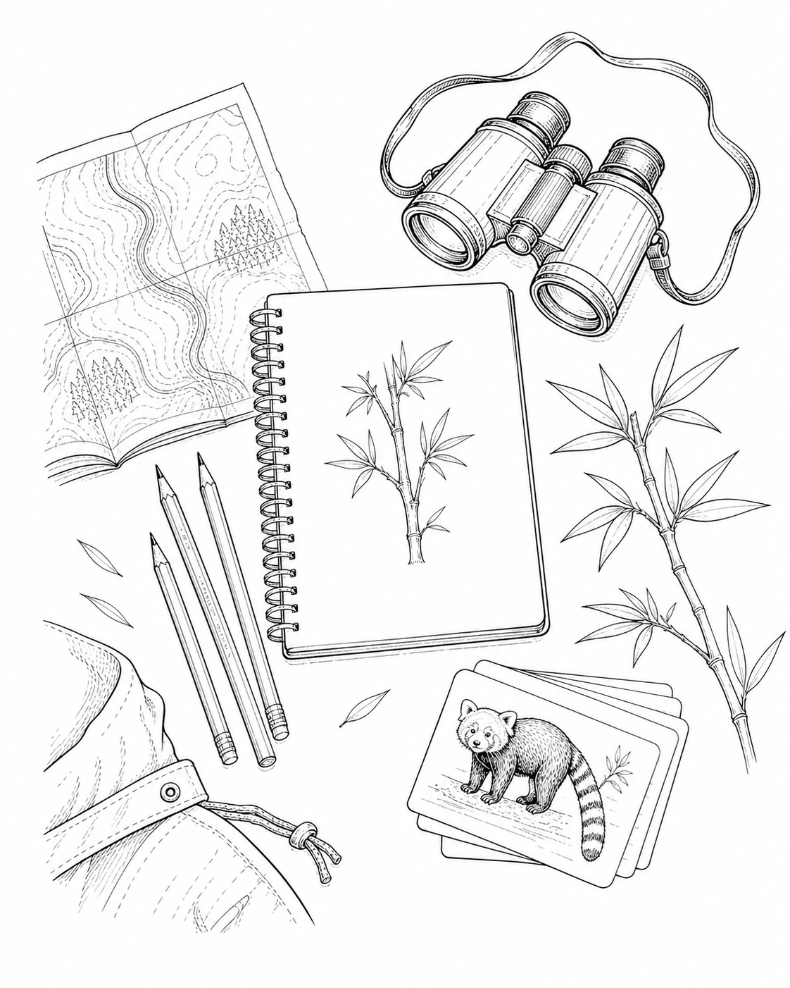 Illustration von Johannas Notizbuch, Karte, Fernglas und Panda-Karten