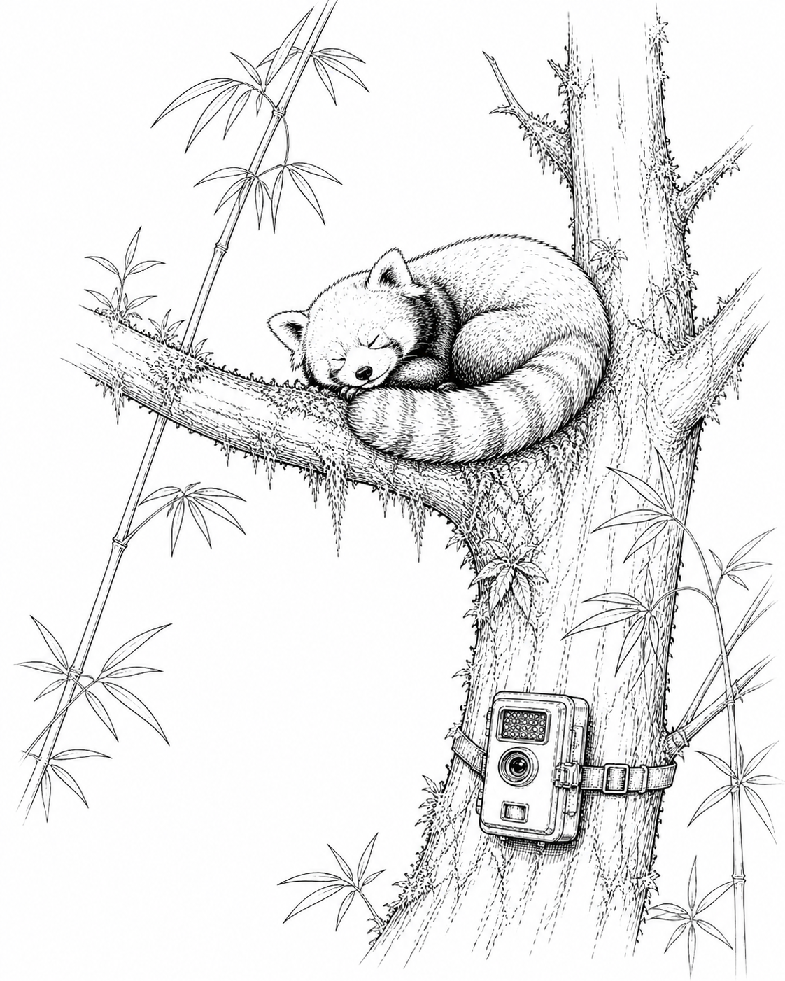 Roter Panda schläft zusammengerollt in einem Baum